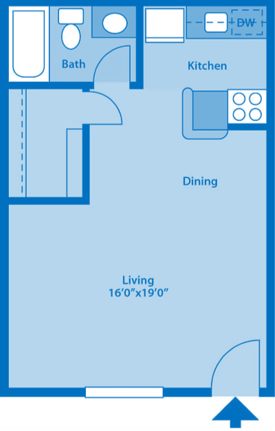 Floor plan for studio, 1 bath, 413 sqft
